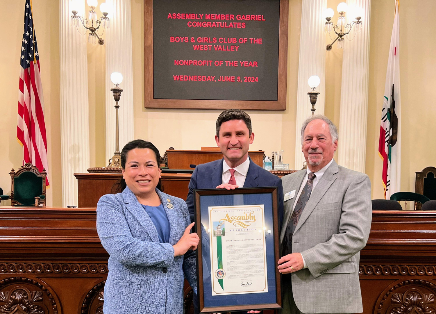 Assemblymember Jesse Gabriel (AD 46) holds a Resolution with Boys & Girls Club of West Valley CEO Ragsdale and Chairman Weissman