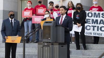 Asm Gabriel at press conference speaking out against the judicial decision to strike down California’s 30 year-old ban on assault weapons