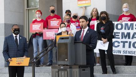 Asm Gabriel at press conference speaking out against the judicial decision to strike down California’s 30 year-old ban on assault weapons