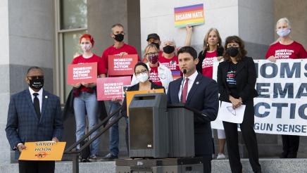 Asm Gabriel at press conference speaking out against the judicial decision to strike down California’s 30 year-old ban on assault weapons