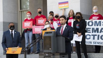 Asm Gabriel at press conference speaking out against the judicial decision to strike down California’s 30 year-old ban on assault weapons