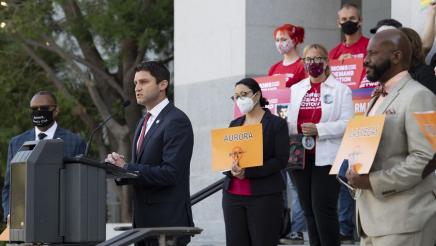 Asm Gabriel at press conference speaking out against the judicial decision to strike down California’s 30 year-old ban on assault weapons