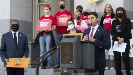 Asm Gabriel at press conference speaking out against the judicial decision to strike down California’s 30 year-old ban on assault weapons