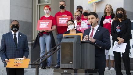 Asm Gabriel at press conference speaking out against the judicial decision to strike down California’s 30 year-old ban on assault weapons