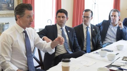Assemblymember Gabriel listens as Governor Newsom speaks with the California Legislative Jewish Caucus